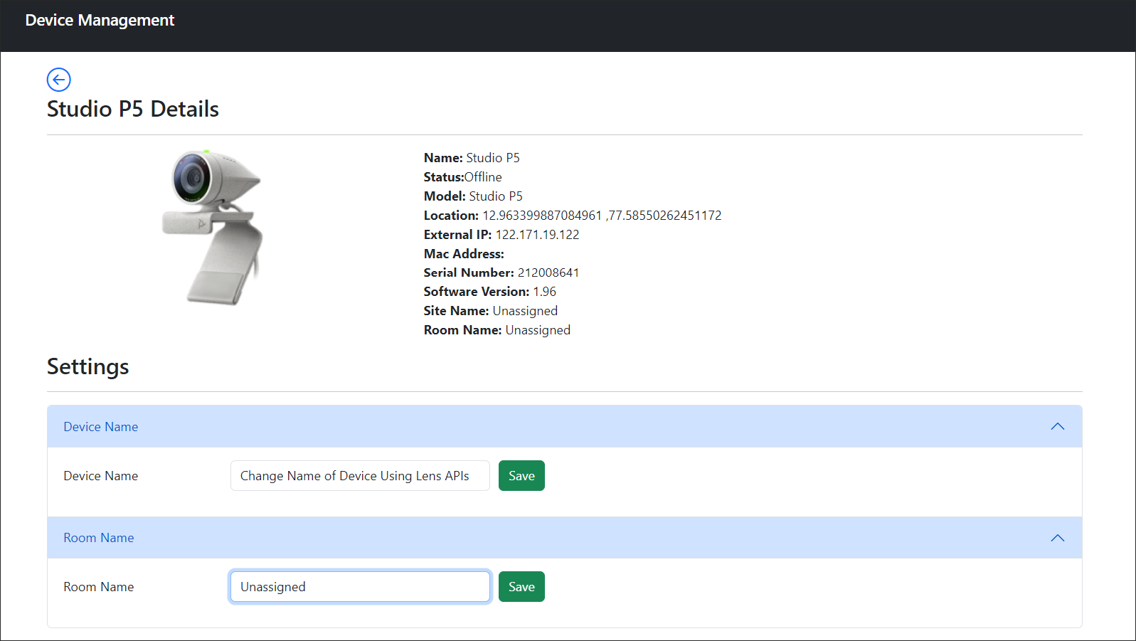 Lens Devices Management &gt; Studio P5 Details page