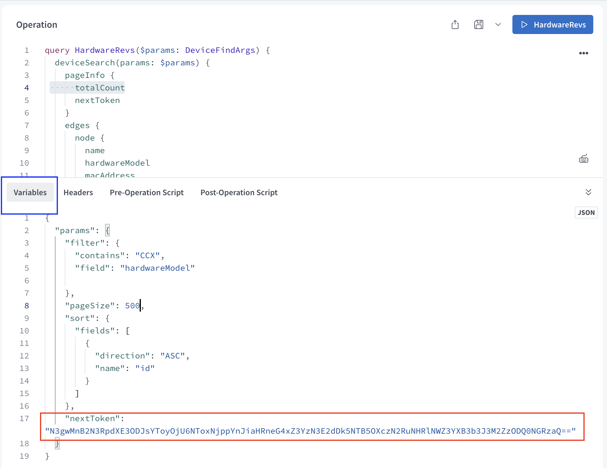 Poly GraphQL Playground Pass nextToken String into Arguments