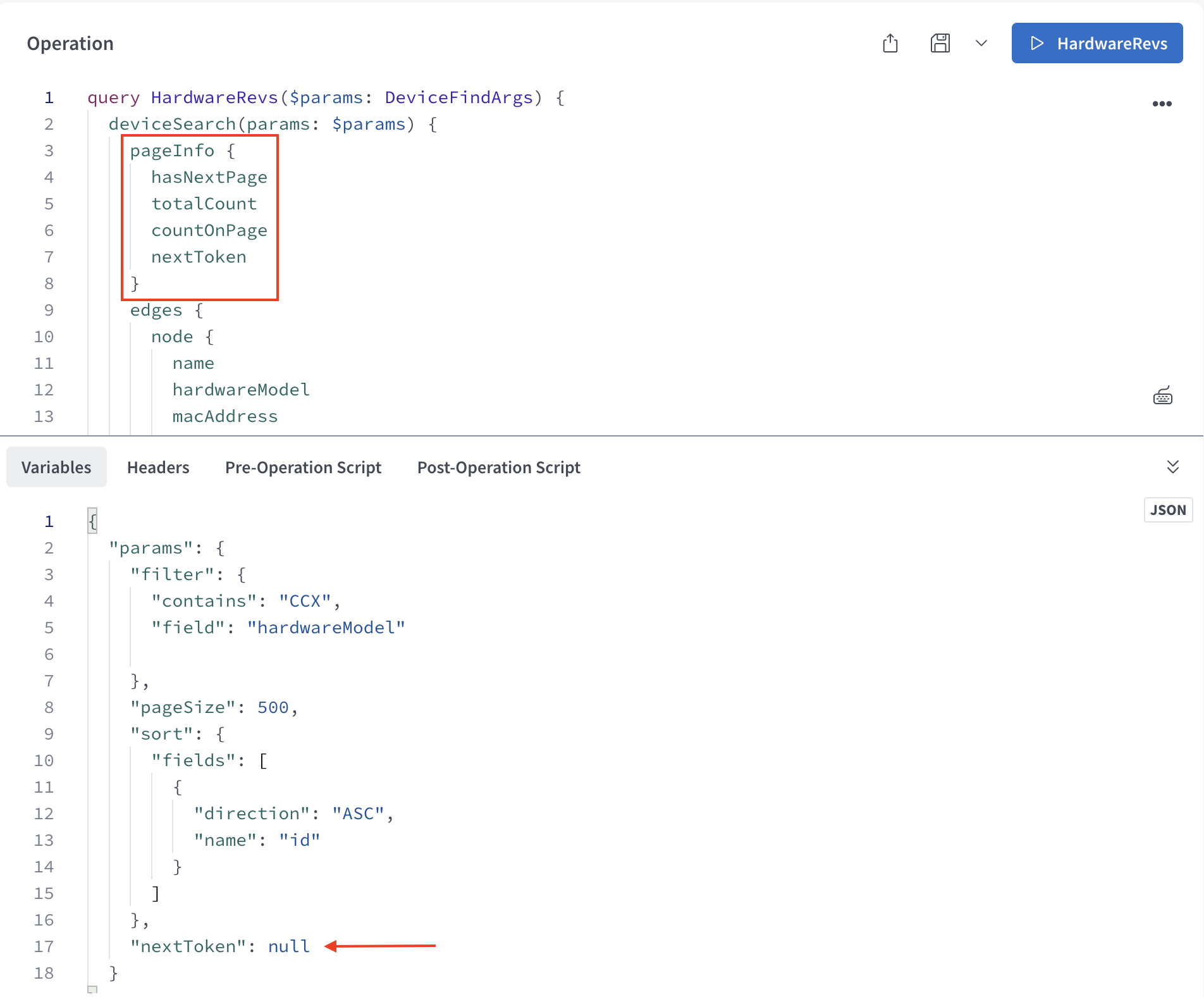 Poly GraphQL Playground variables field with null nextToken field