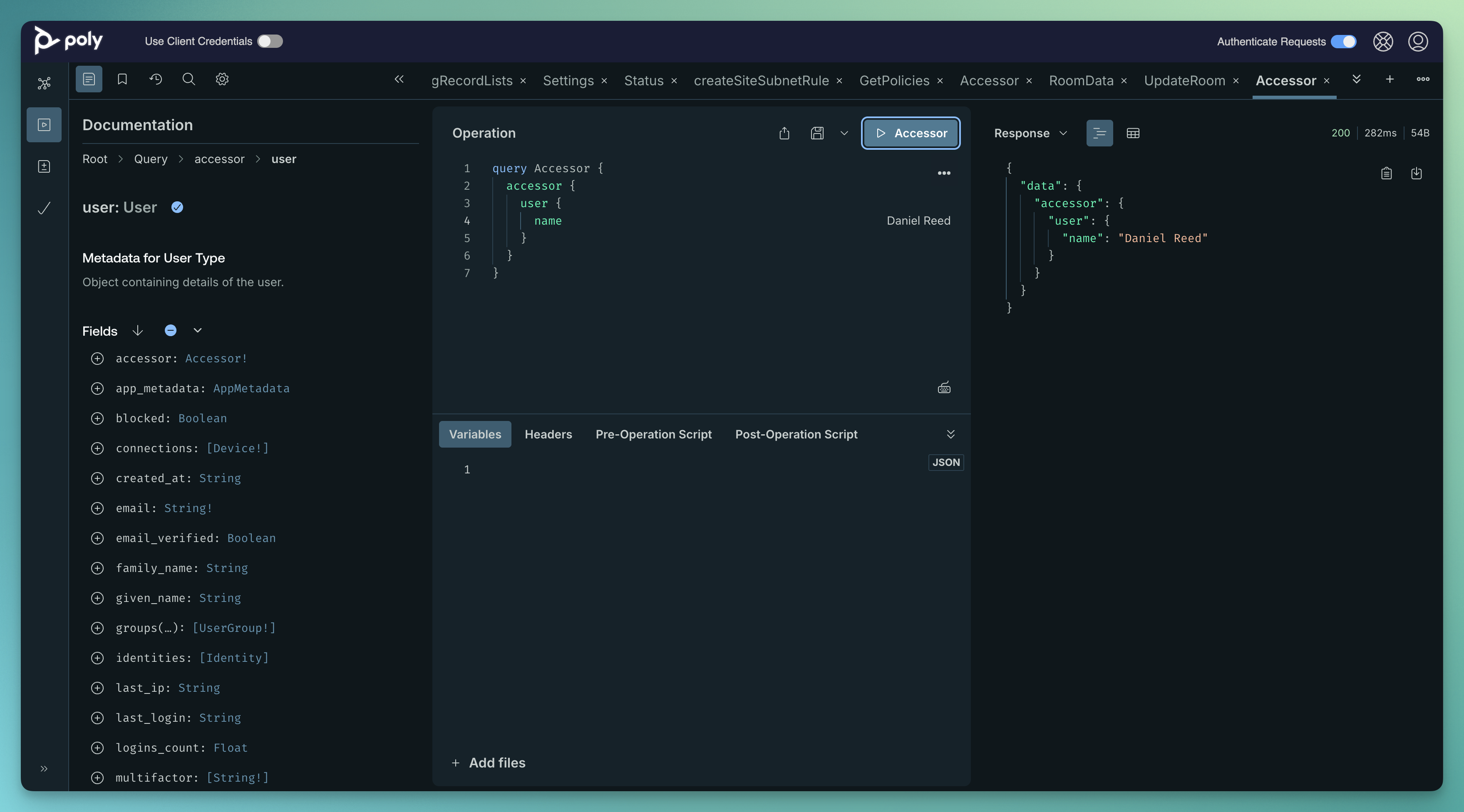Poly GraphQL Playground main page after authenticating