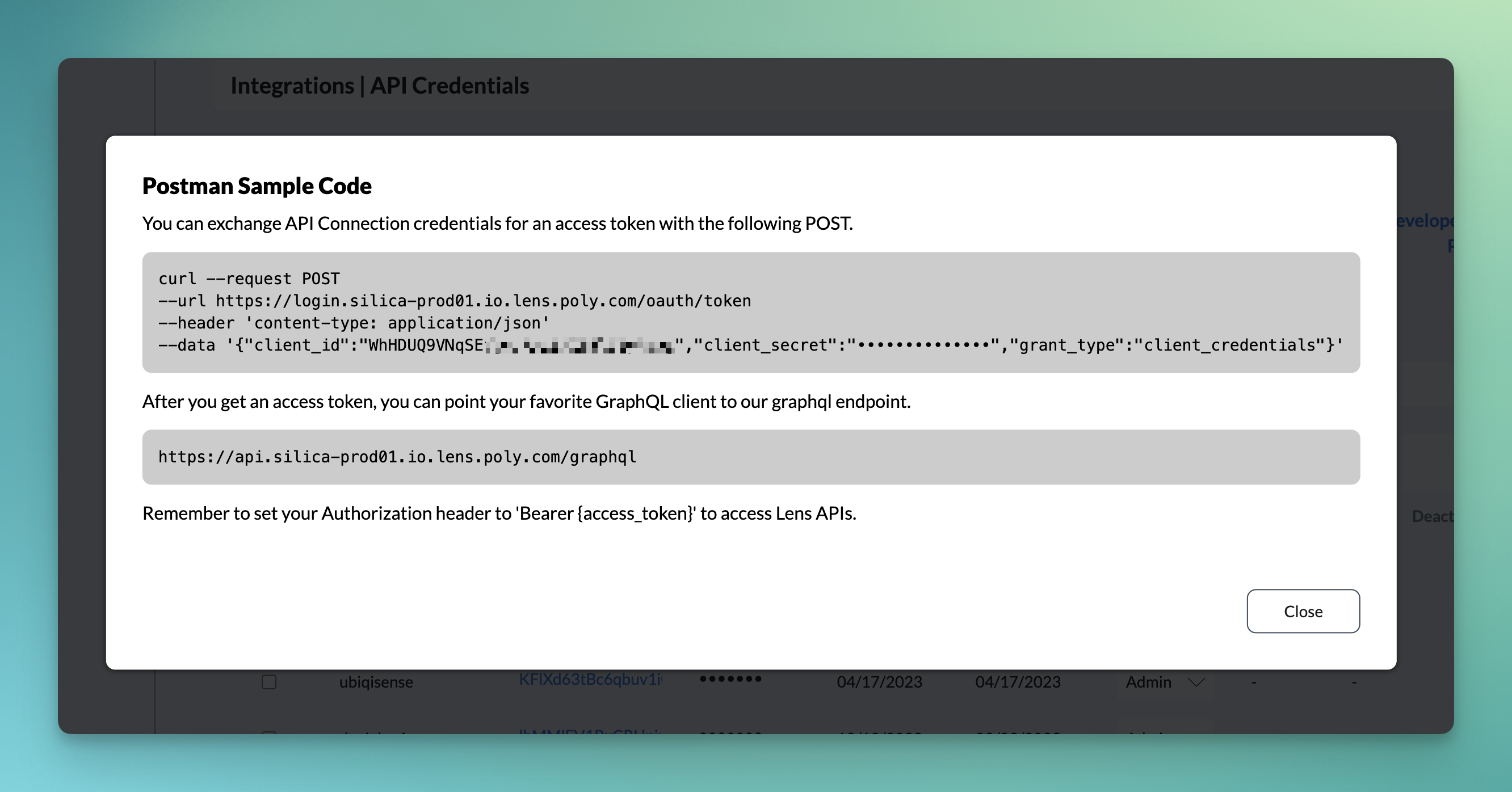 Poly Lens UI pre-populated cURL request
