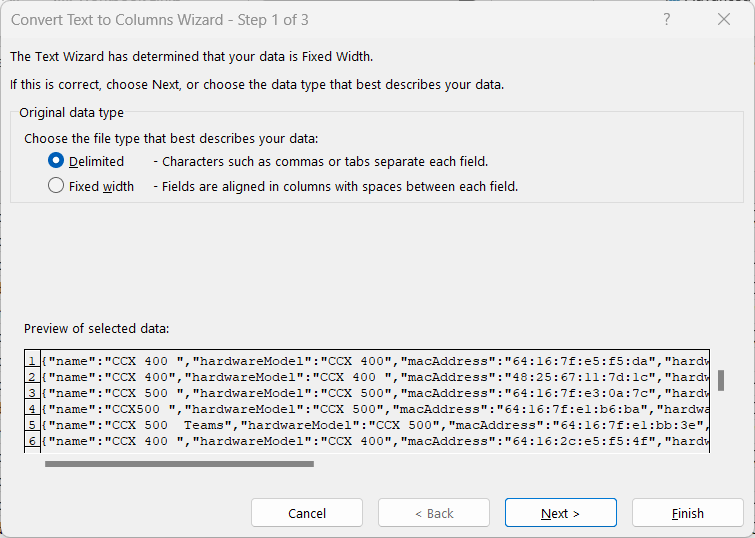 text to columns step 1 choose delimited character type